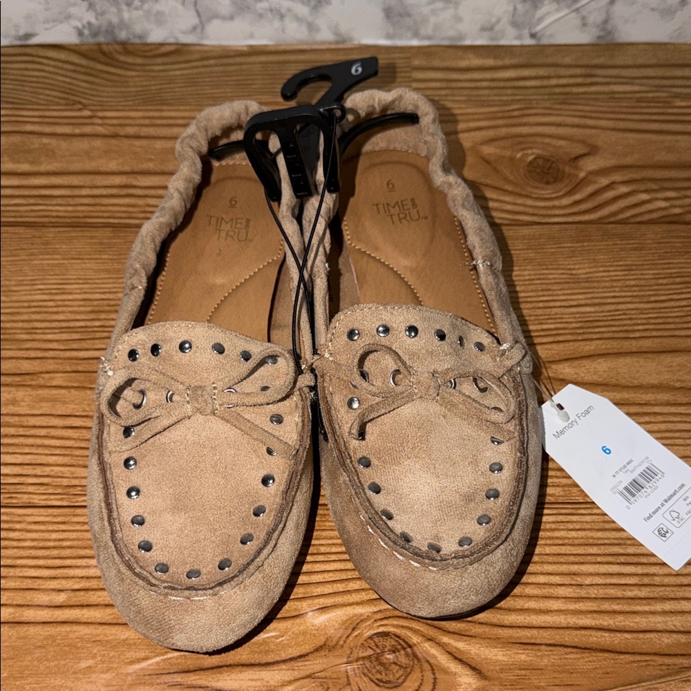 Time and Tru Tan Suede Moccasins with Stud Accents